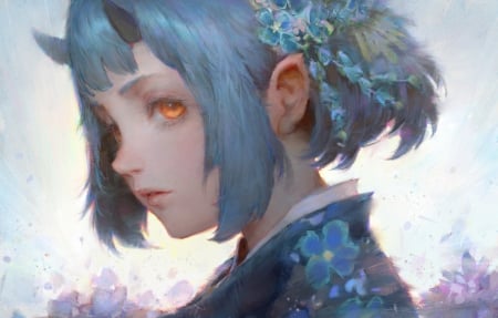 Little demon - fantasy, blue, krenz cushart, girl, art, demon, luminos