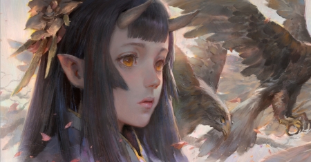 Demon - eagle, demon, fantasy, pasare, bird, girl, krenz cushart, horns