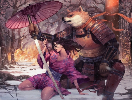 The dog and the blind girl - winter, snow, dog, pink, blind girl, armor, fantasy, wind, umbrella, lorenz basuki, iarna, caine, art, luminos