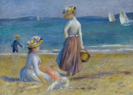 Figures on the beach - hat, summer, blue, beach, girl, sea, pierre auguste renoir, pictura, painting, woman, luminos