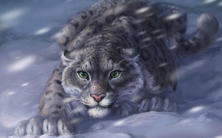 Snow leopard - fantasy, leopard, animal, winter, paw, snow, iarna, art