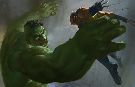 Hulk vs. Wolverine - wolverine, comics, fantasy, hand, green, hulk, man, art