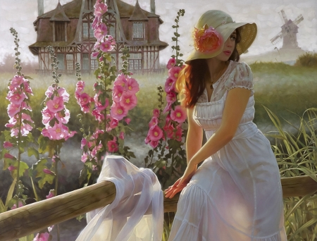 Le manoir normand - woman, andrey belichenko, vara, hat, girl, frumusete, summer, painting, art, pink, luminos, pictura, flower