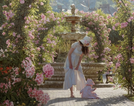 A l'ombre des fleurs - summer, trandafir, girl, flower, andrey belichenko, copil, baby, child, pictura, painting, rose, mother, luminos