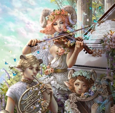 Zodiac ~ Aries - hoanglapsolan, violin, aries, serenade to spring, flower, horns, harpe, fantasy, instruments, lira, luminos