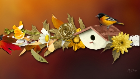 Fall Leaves & Bird - bird house, autumn, fall, leaves, flowers, daisies, bird