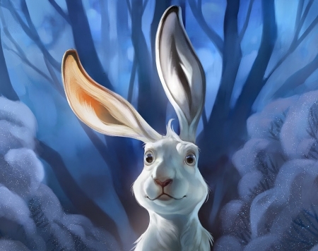 Bunny - white, rabbit, luminos, iarna, blue, winter, bunny, fantasy