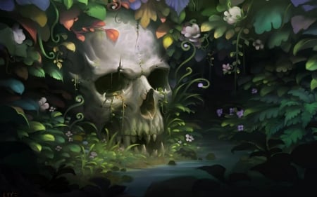 Skull - fantasy, green, jungle, death, flower, art, luminos, skull