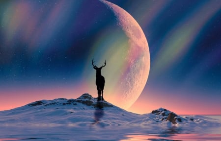 Guardian of the galaxy - moon, silhouette, aurora, deer, fantasy, gustiidiaz, luminos, pink, blue, planet