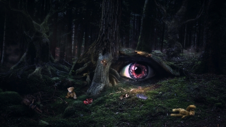 Nightmare - eye, forest, pink, dark, bear, fantasy, teddy, halloween, creepy