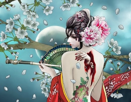 Oriental night - moon, hand fan, tattoo, sakura, blossom, girl, fan, spring, fantasy, red, asian, luminos