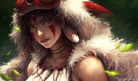 Princess Mononoke - princess, fur, girl, astrisjursen, mononoke hime, fantasy, white, red, luminos, green