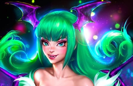 Morrigan - girl, vampire, fantasy, purple, luminos, pink, green, ayyasap, bat, morrigan