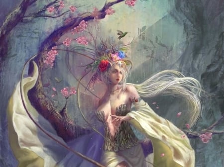 Spring goddess - fantasy, wind, goddess, girl, art, pink, luminos