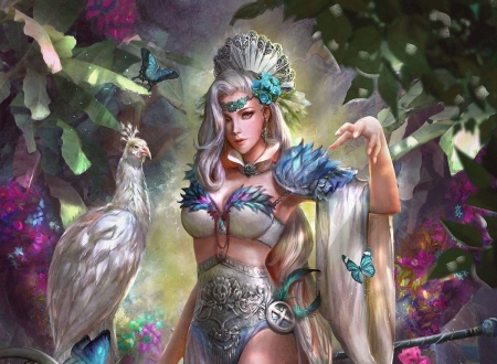 Hera - girl, hera, goddess, fantasy, pasare, bird, peacock, white, paun, blue