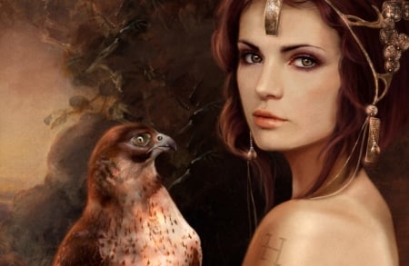 Lady with hawk - hawk, brown, lady, fantasy, pasare, bird, luminos, girl