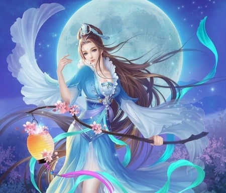 Moon goddess - moon, frumusete, goddess, asian, fantasy, white, lantern, luminos, blue, luna