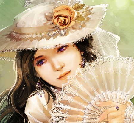 Lady with fan - white, face, hand fan, fan, girl, chibi oneechan, hat, orange