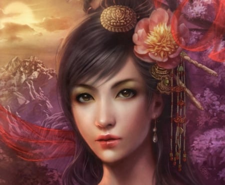 Oriental beauty - girl, fantasy, asian, face, geisha, pink, red, luminos, peony, cris ortega, flower