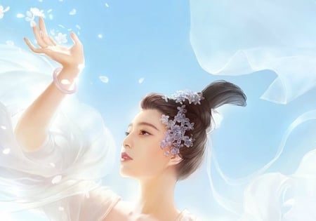 Petals on the wind - blue, girl, da cong jun, petals, frumusete, fantasy, wind, white, hand, asian, luminos