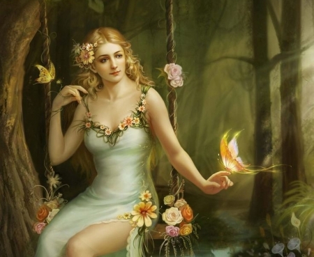 Swing - summer, girl, forest, swing, frumusete, fantasy, green, butterfly, luminos