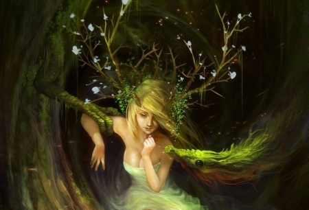 Forest nymph - nymph, forest, fantasy, luminos, girl, art, green, horns