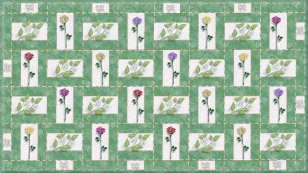 Garden Wall - flowers, pixel quilt, green, leaves