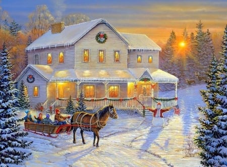 Christmas Pure Fun - xmas and new year, snowman, houses, carriages, winter, christmas, holidays, love four seasons, winter holidays, snow, paintings