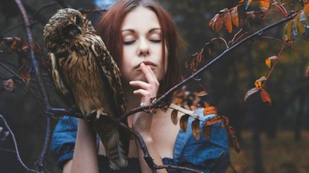 content - bird, nature, leaf, woman