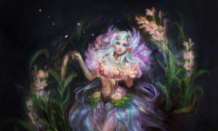 Fairy - fantasy, pink, black, fairy, luminos, girl, art, green