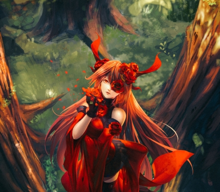 Forest demon - fantasy, red, green, rose, forest, flower, demon, luminos