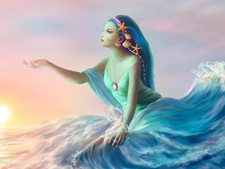 Goddess - water, summer, girl, sea, gian meza, fantasy, hand, goddess, wave, luminos