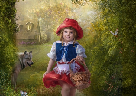 Little Red Riding Hood - little red riding hood, lotta lotos, hat, girl, child, copil, creative, fantasy, wolf, luminos, red, blue, green, house