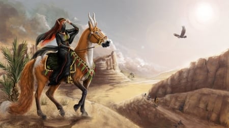 Messenger - horse, fantasy, bird, assassin, luminos, irsibil rough, art