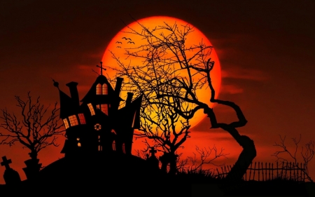 Happy Halloween! - moon, house, mansion, silhouette, orange, tree, black, fantasy, red, halloween, hunted