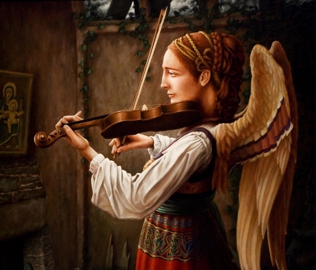 Angel - mark zelmer, instrument, violin, girl, art, brown, fantasy, luminos, angel