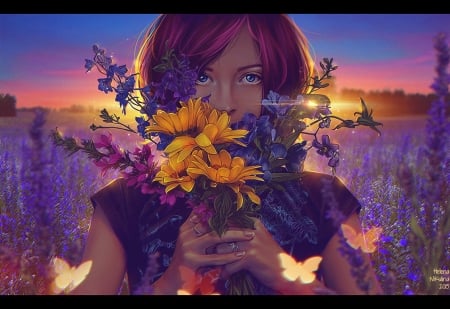 Sunset - yellow, girl, flower, pink, nikulina helena, fantasy, sunset, purple, hand, butterfly