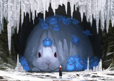 :) - ice, iarna, winter, bunny, white, chicken, rabbit, arizuka, luminos, chicks, blue, anime, frozen, cute, manga