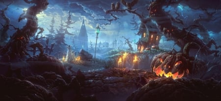 Halloween - halloween, pumpkin, blue, night, orange, house, fantasy