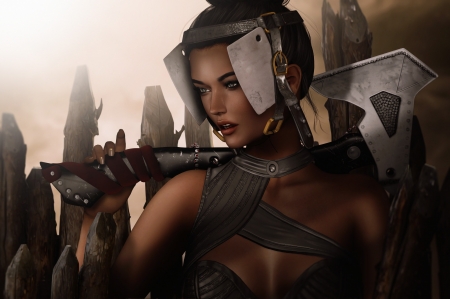 Girl - fantasy, rendering, girl, axe, luminos