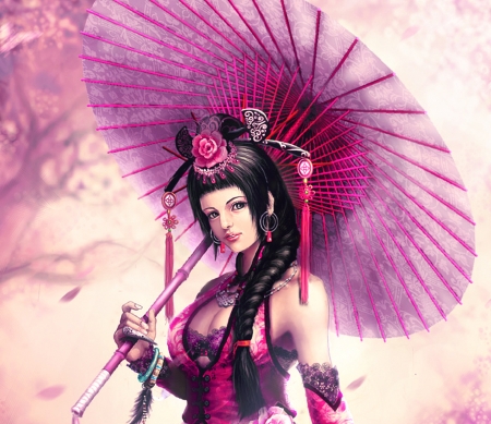 Oriental girl - flower, fantasy, luminos, girl, umbrella, parasol, frumusete, asian