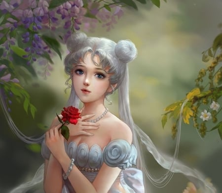 Princess Serenity - moon, anime, sailor, girl, flower, frumusete, manga, fantasy, hand, red, rose, serenity, princess, luminos, luna