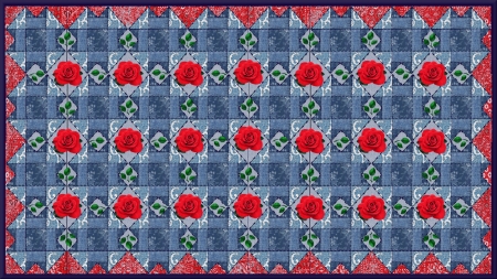 Red Rosie - roses, blue, red, leaves, denim