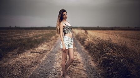 Lonesome Ranch . . - women, fun, female, models, brunettes, western, girls, cowgirl, style, outdoors, hay, ranch, field