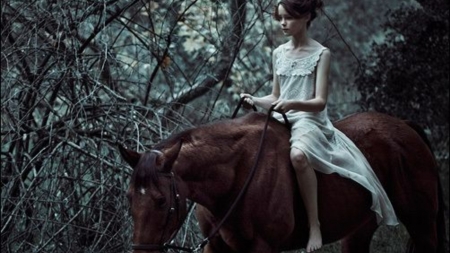 peaceful ride - girl, horse, woman, woods