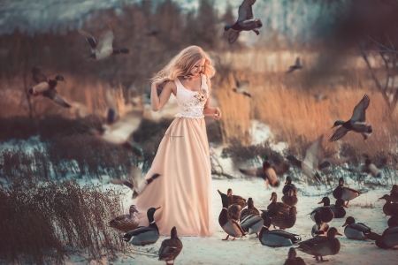 with friends - birds, female, nature, woman