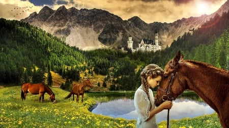 Fantasy Cowgirl . . - fun, anime, female, digital art, brunettes, 3D, girls, cowgirl, fantasy, horses, lake, castle