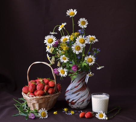 Still Life - basket, milk, flower, vase