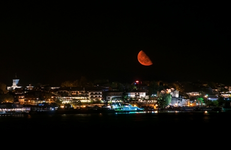 Sunrise of the moon - moon, sea, sunrise, city