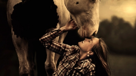 the big kiss - girl, nature, horse, woman